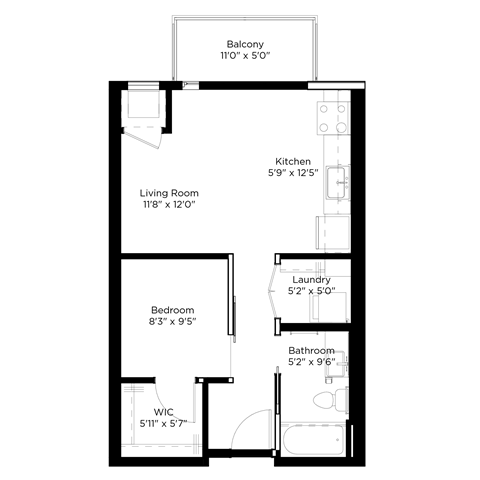 Floor plan for 1 bed, 1 bath, 535 sqft